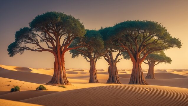 Drought-tolerant Ghaf trees flourish in sand dunes, battling desertification.