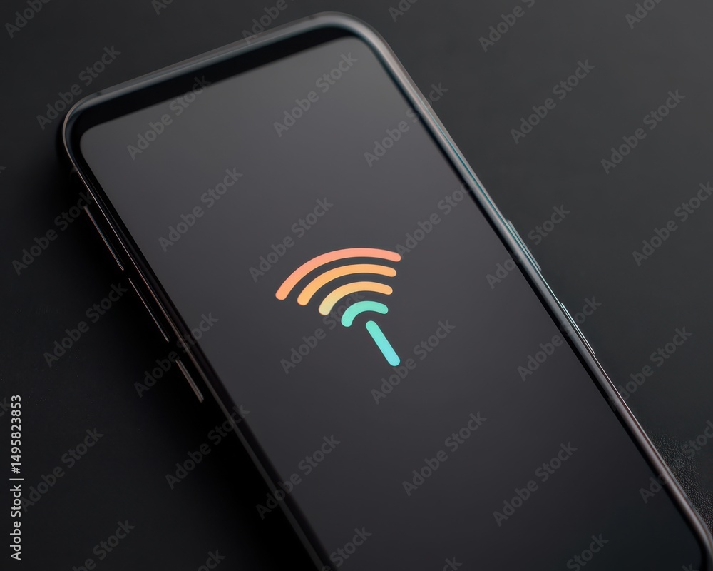 Poster a smartphone displays a colorful wifi signal icon on its screen against a dark background.