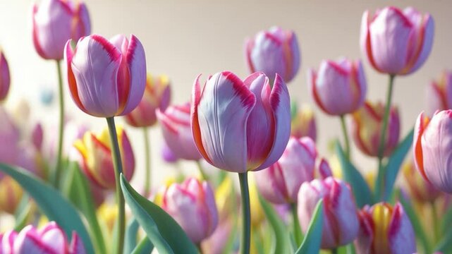 Environment of vibrant tulips in bloom. Flowers. Selective clarity.