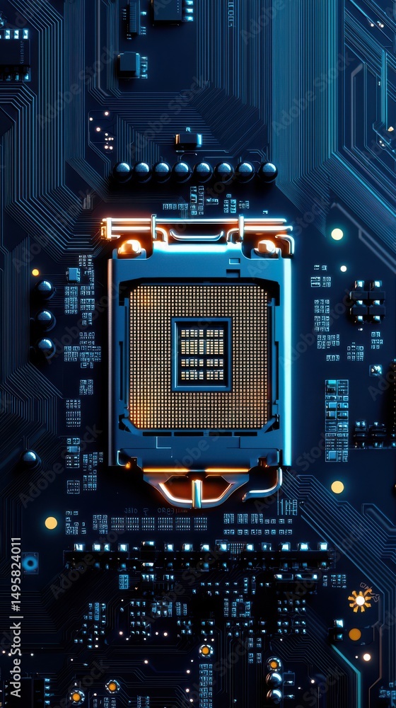 Poster close-up view of a computer motherboard socket, showcasing intricate electronic circuits and modern 