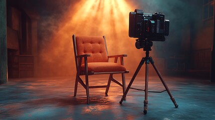 Fototapeta premium Cinema studio setup featuring an orange armchair and a professional camera on a tripod high resolution photo