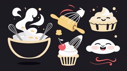 Flat Vector Baking Icons in Black, Yellow, and Cream