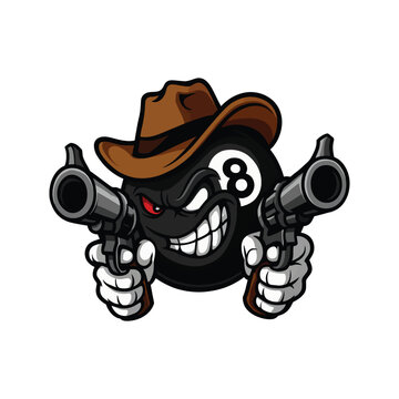 A cartoonish black eight ball character wearing a brown cowboy hat grins mischievously while holding a revolver in each hand vector on an isolated background