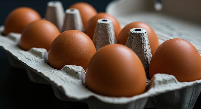 Brown eggs in a cardboard egg carton. Some of the eggs are clearly visible, while others are partially hidden in the carton slots. The lighting creates a gentle contrast on the eggs' surfaces.