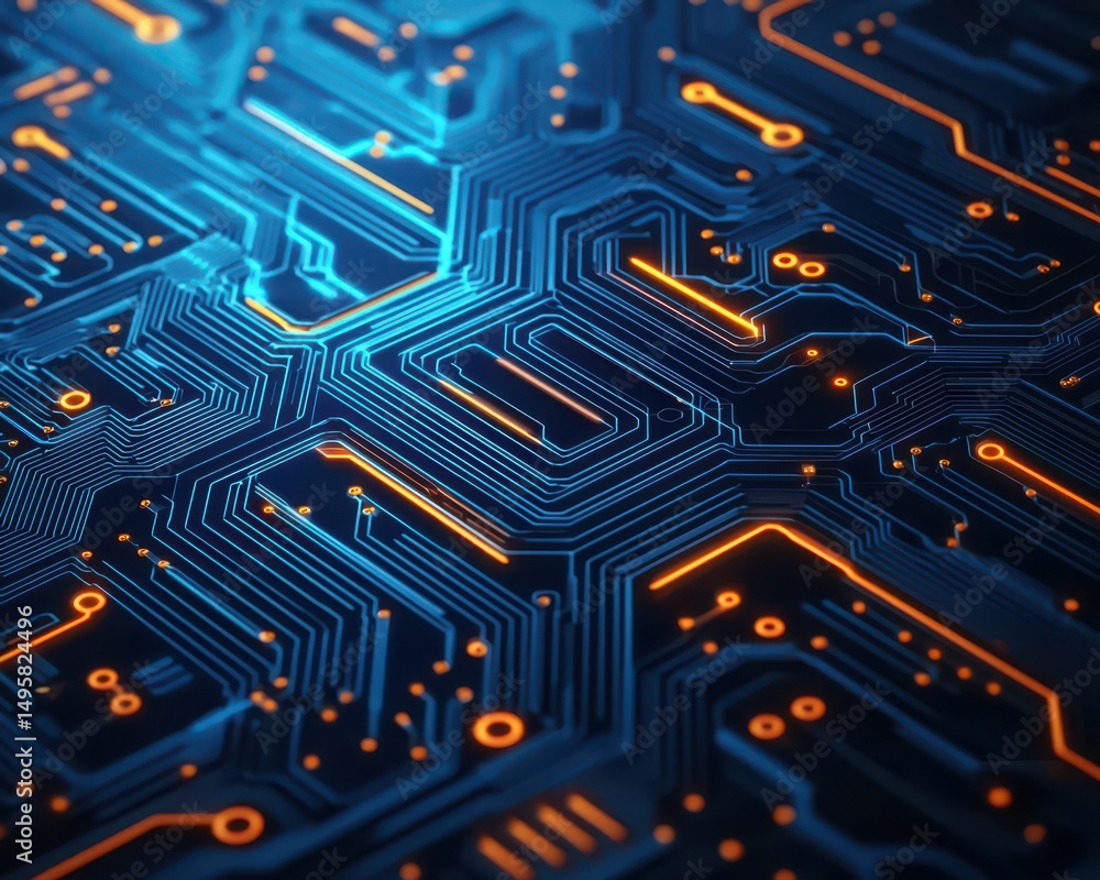 Poster a futuristic close-up of a glowing blue and orange circuit board, highlighting intricate electronic 