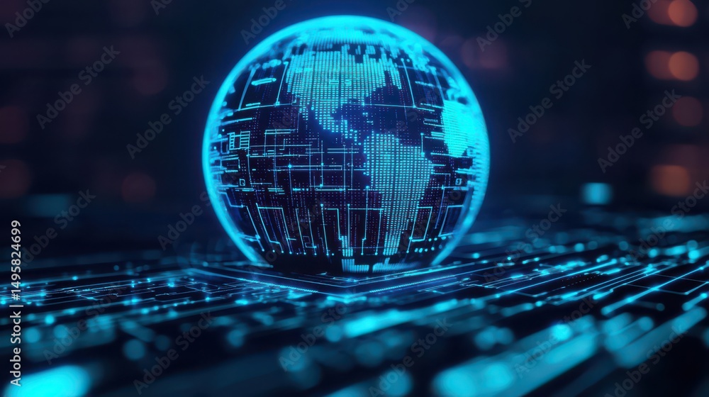 Aufkleber a glowing digital globe with circuit patterns sits atop a futuristic, illuminated electronic surface
