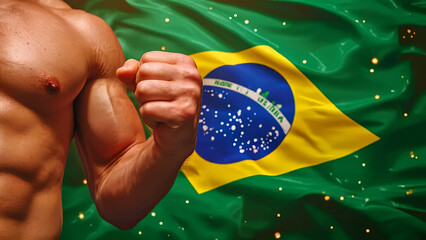 A muscular arm raising a fist in front of the Brazilian flag, showcasing strength and national pride.