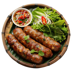 Delicious platter of grilled sausages with fresh herbs and spicy dipping sauce