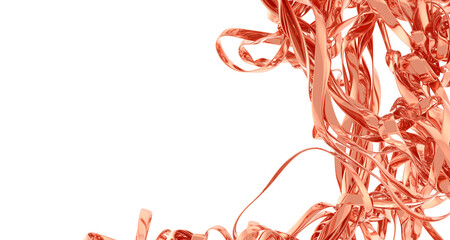 Rose gold metallic ribbons swirl in an abstract design, perfect for backgrounds, textures, or luxurious designs.