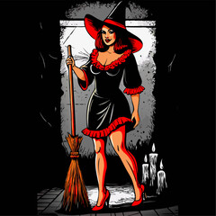 Pin up witch with broom in gothic setting halloween illustration