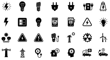 Electricity Icons: Power Energy Lighting Plug Voltage Symbols