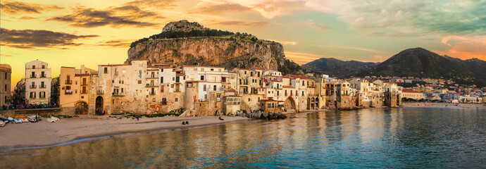 Italy travel, Sicily island, beautiful coastal town Cefalu over sunset