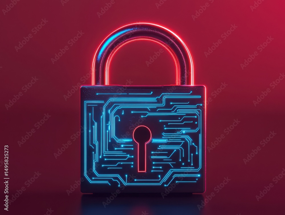 Poster a metallic padlock with glowing circuit patterns, symbolizing cybersecurity and digital protection, 
