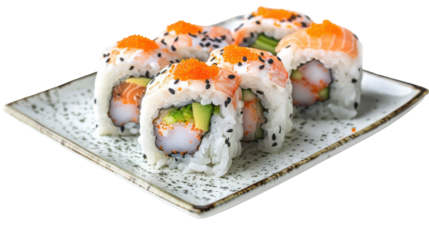 Fresh sushi rolls with salmon and avocado served on a decorative plate