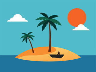 Tranquil Island Scene with Person in Boat Palm Trees and Sunset