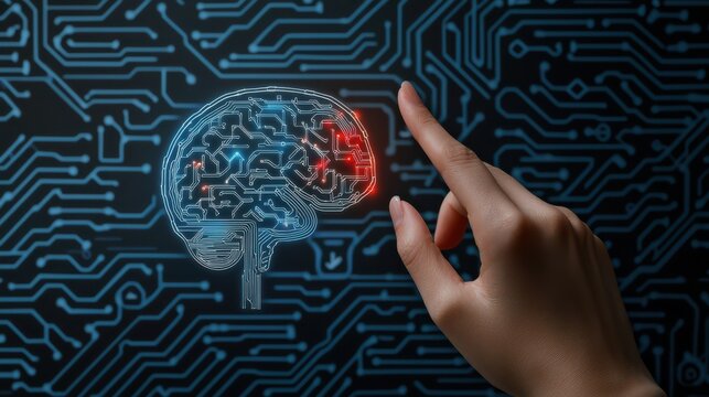 A human hand reaches toward a glowing digital brain on a circuit board background, symbolizing artificial intelligence and technology.