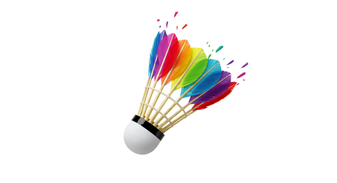 Isolated badminton shuttlecock with vibrant rainbow colored feathers on a black background space