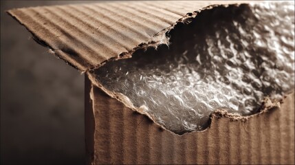 Torn cardboard box revealing bubble wrap inside provides insight into packaging condition and contents