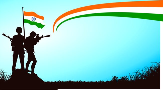 Indian Army Day. Kargil Vijay Diwas. illustration background with silhouette of a soldiers and flag of India - Indian Republic Day - with free Copy space area as background text template 12