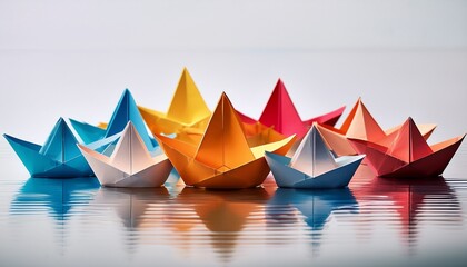 Obraz premium colorful intricately designed paper boats float serenely on a smooth white surface creating a captivating visual spectacle