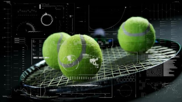 Three tennis balls settling on racket before fourth entering right while HUD cycling technical data