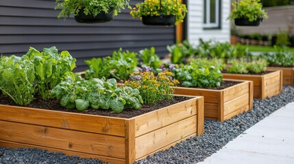 Raised wooden garden beds filled with lush vegetables and flowers beside a modern home.