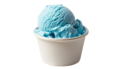 A close-up of a blue ice cream scoop in a white cup against a plain background