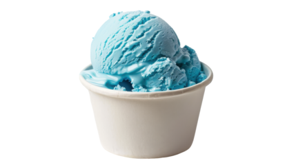A close-up of a blue ice cream scoop in a white cup against a plain background
