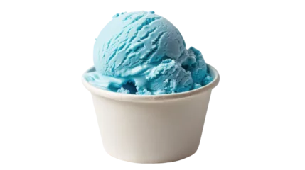 A close-up of a blue ice cream scoop in a white cup against a plain background