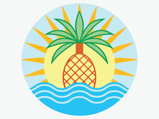 Summertime Tropical Paradise Illustration Pineapple Palm Tree Ocean Sun