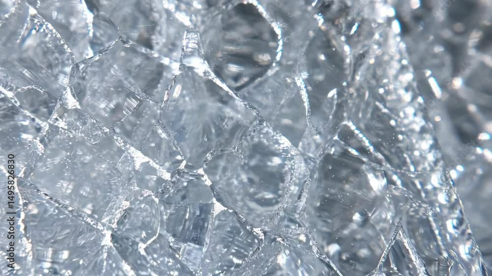 Poster close up view of transparent clear ice pattern with internal fractures, reflective surface and inter