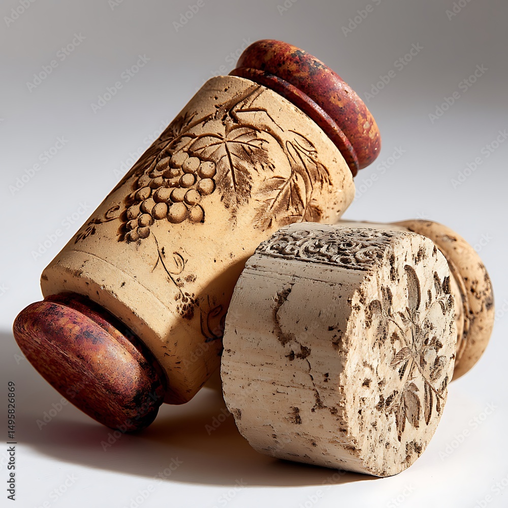 Poster vintage cork stoppers with grapevine design: rustic decorative objects for unique art and craft proj