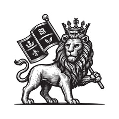 A regal lion standing on its hind legs, proudly holding a flag adorned with various symbols vector illustration on an isolated background