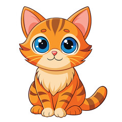 A small, ginger kitten with striking blue eyes sits looking upwards with a sweet expression with white background