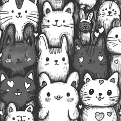 Cute Cats And Bunnies Seamless Pattern Whimsical Black And White High Resolution Photo