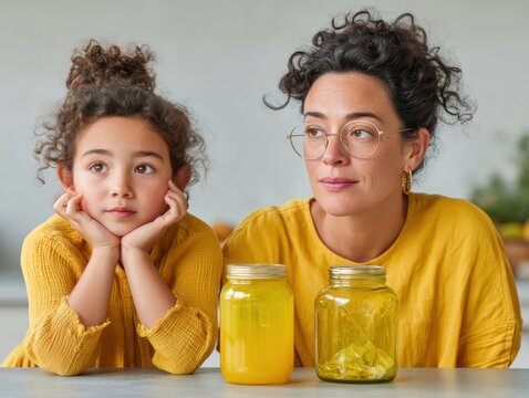 Zero-Waste Momcore Inclusive Latina Mother-Daughter Sustainability Tutorial in Vibrant Yellow - Eco-Education and Circular Economy Learning Experience - Powered by Adobe