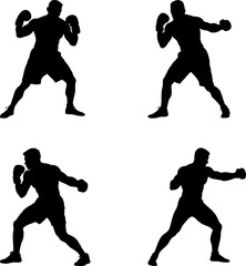 Four silhouette illustrations showcase different boxing poses on a white backdrop