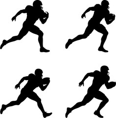 Four silhouettes of American football players running with the ball on white