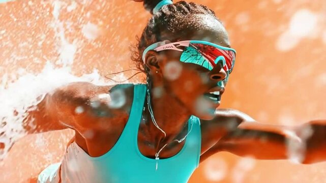 Dynamic action unfolds as a skilled athlete expertly navigates the crashing waves, vibrant colors amplifying the excitement of the thrilling competition taking place on a sunny day