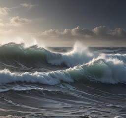 Subtle vapor hangs over deep, dark, undulating waves, soft focus effect , seascape, serene
