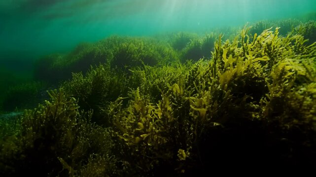 Sunlight filters through the ocean surface illuminating a dense kelp forest, showcasing aquatic biodiversity, marine vegetation, and underwater seascape.