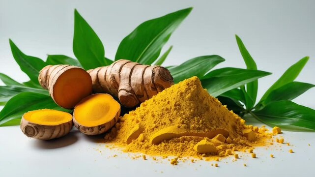 Turmeric root and powder with green leaves on a background. Concept of natural herbal plants.