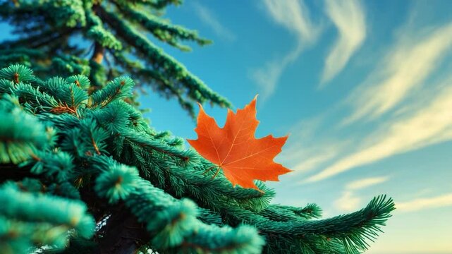 Branches of spruce adorned with a leaf