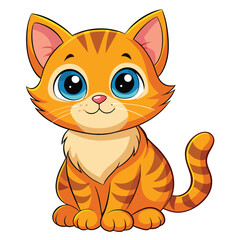 A small, ginger kitten with striking blue eyes sits looking upwards with a sweet expression with white background