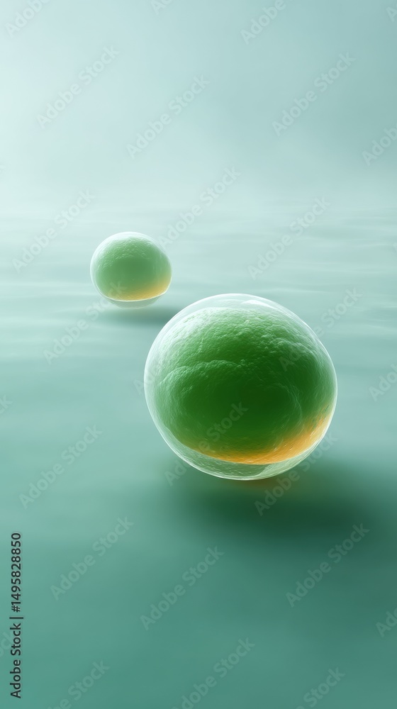 Poster biotech fertility visualization luminescent embryonic spheres in soft mint green - cutting-edge repr