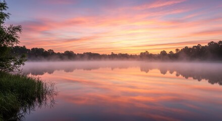 Fototapeta premium Sunrise over misty lake