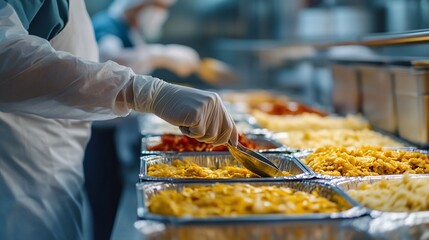 Preparing food in a commercial kitchen with hygiene protocols and safety practices