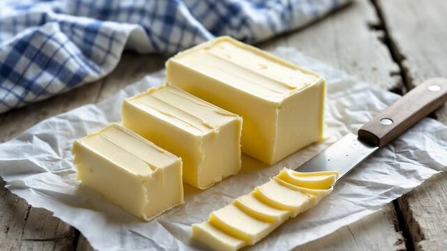 Chunks of butter on a colorful table.
