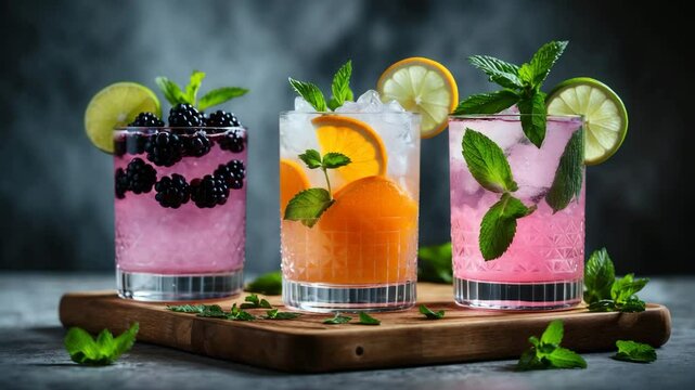 Three varieties of gin tonic featuring blackberries, orange, lime, and mint leaves, served in glasses.