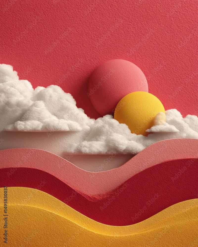 Poster minimalist dreamscape surreal landscape with soft organic curves, cloud textures, and vibrant color 